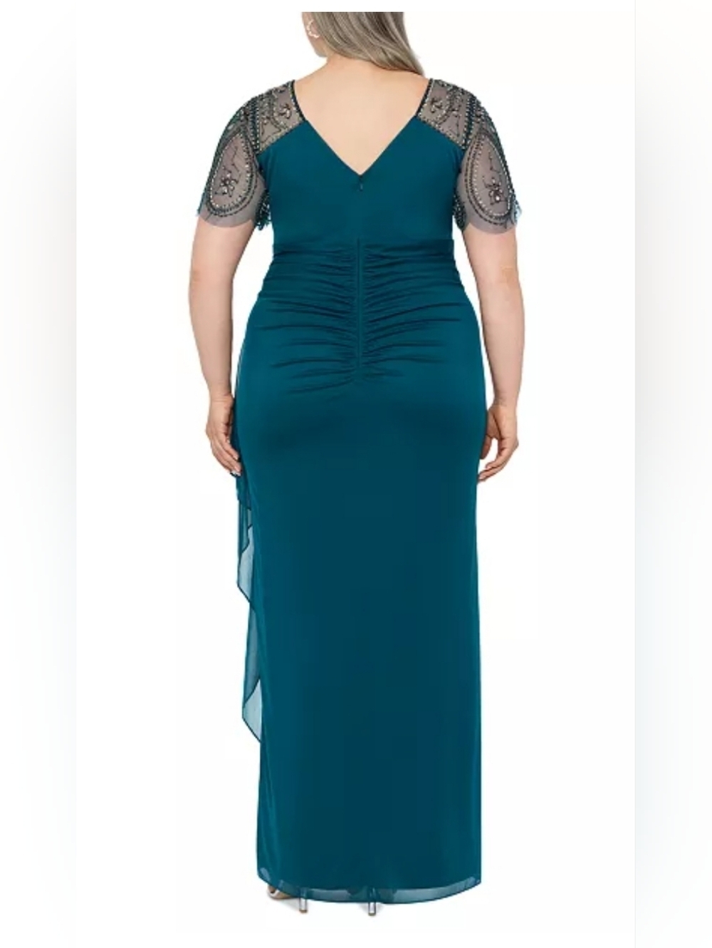 Xscape Emerald Green Formal Gown Size 18 Beaded Sleeve Ruched Evening - Picture 15 of 15
